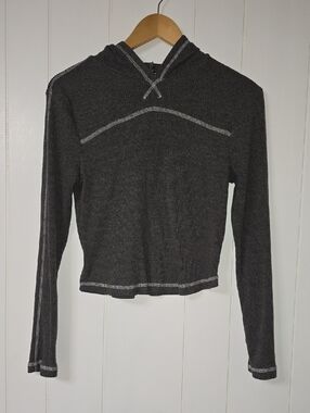 Charcoal Ribbed Hooded Long-Sleeve Top